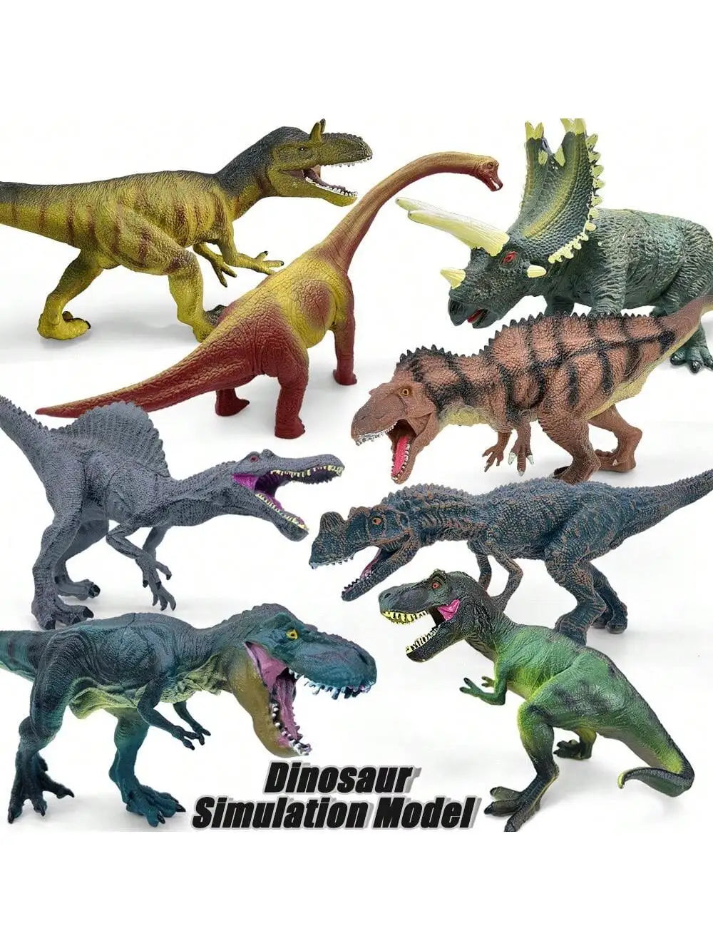 A set of eight hand-painted realistic dinosaur simulation models in various colors and poses.