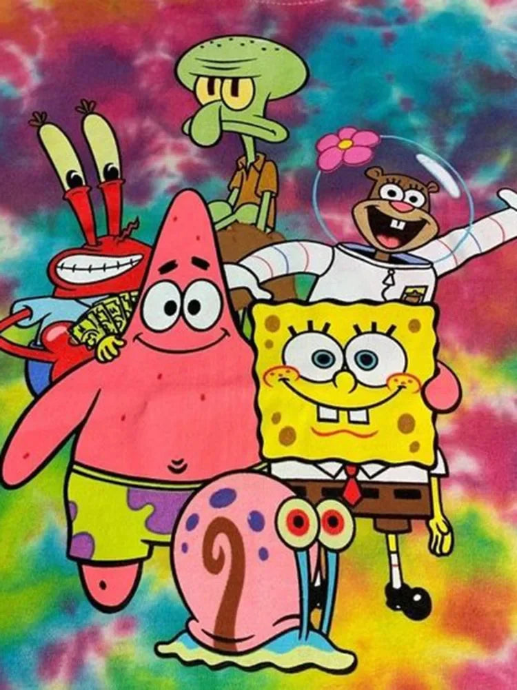 A colorful diamond painting featuring characters from SpongeBob SquarePants like SpongeBob and Patrick.