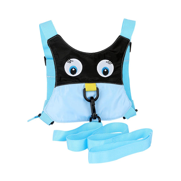 Light blue toddler safety harness with a black face design and attached leash