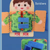 A wooden multi-layer busy board for toddlers featuring a soldier costume and various manipulative pieces.