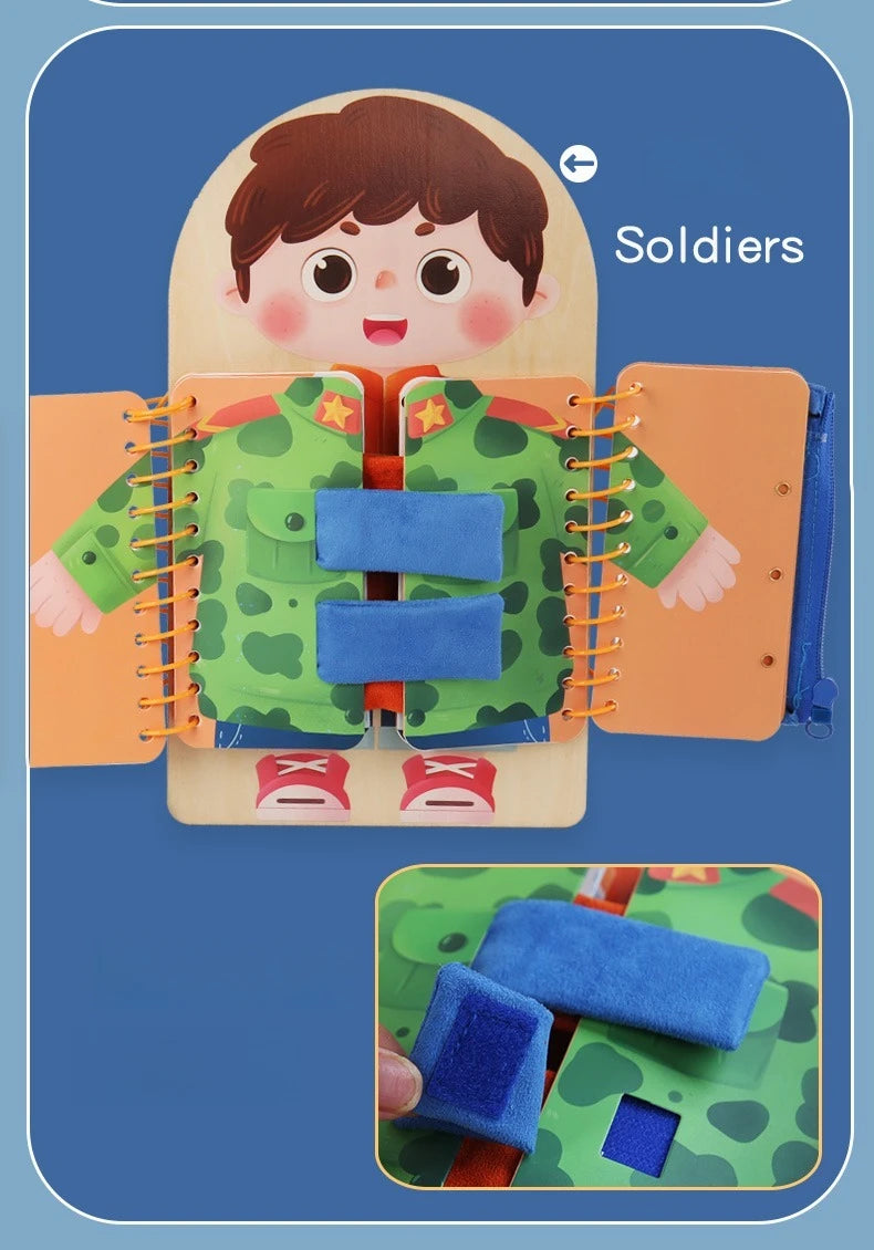 A wooden multi-layer busy board for toddlers featuring a soldier costume and various manipulative pieces.