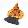 Orange witch hat with black spiderweb pattern and a black ruffled skirt for a Halloween costume set