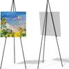 An adjustable foldable metal easel stand displaying a landscape painting of a sunset sky with a crescent moon.