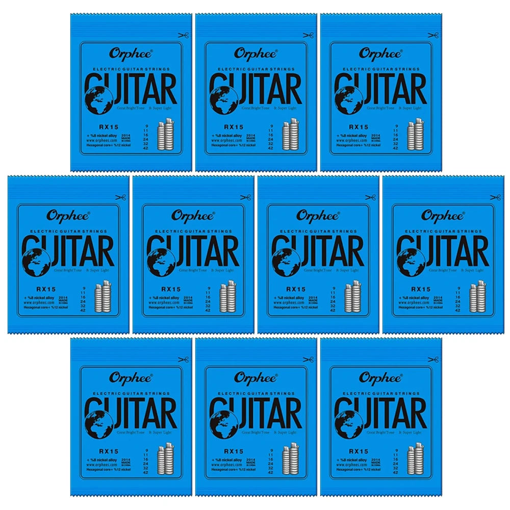 Pack of 15 electric guitar strings with nickel wound bright tone for a six-string set