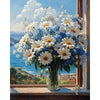 A vibrant painting featuring a bouquet of white and blue flowers in a vase, set against a scenic landscape.
