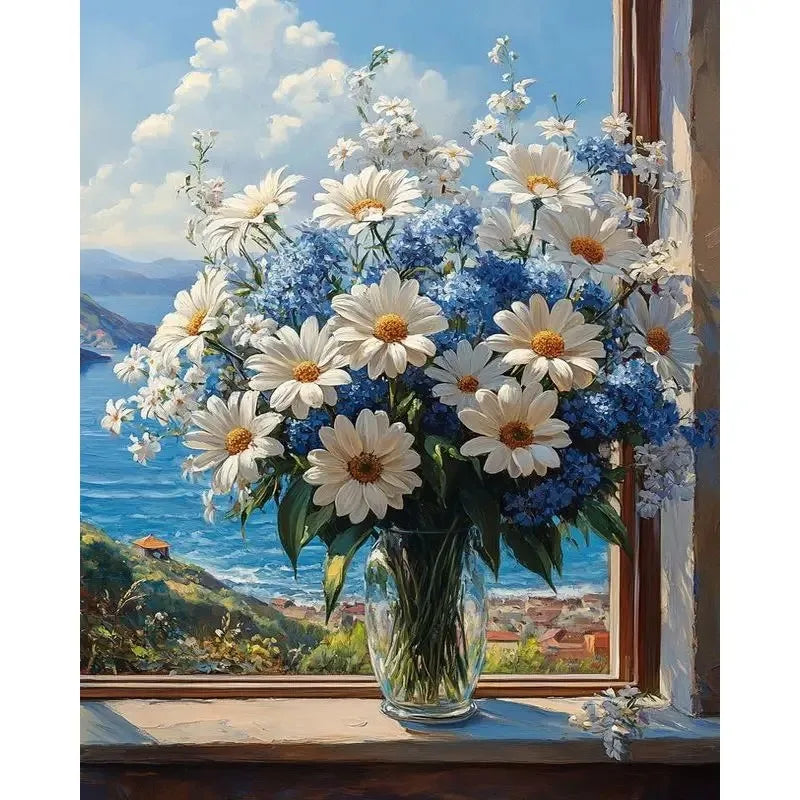 A vibrant painting featuring a bouquet of white and blue flowers in a vase, set against a scenic landscape.