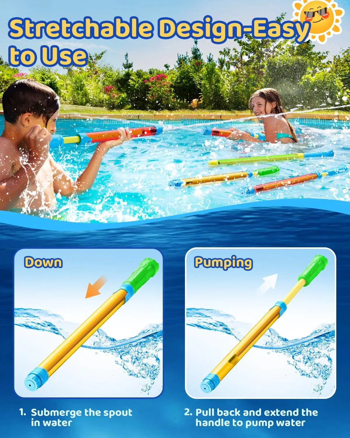 A person is using a stretchable design water blaster to spray water in a pool.
