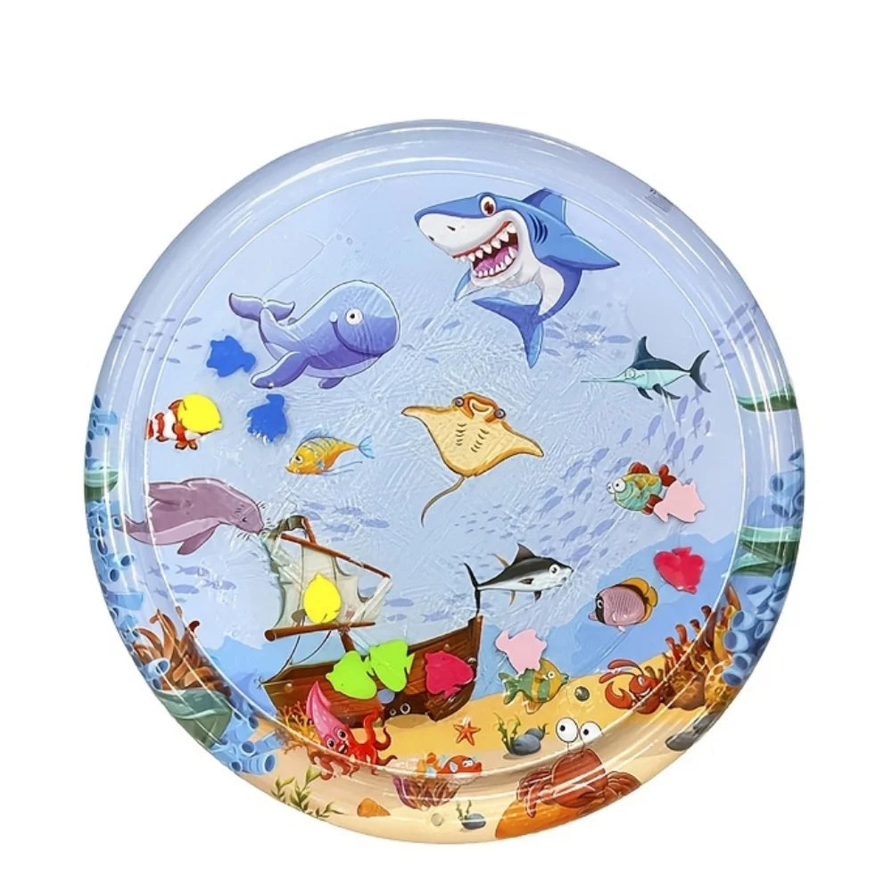 A circular baby water play mat featuring sea creatures like a shark and dolphins for early learning activities.