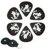 Six decorative guitar picks featuring a white cat design are displayed with a black leather keychain holster.