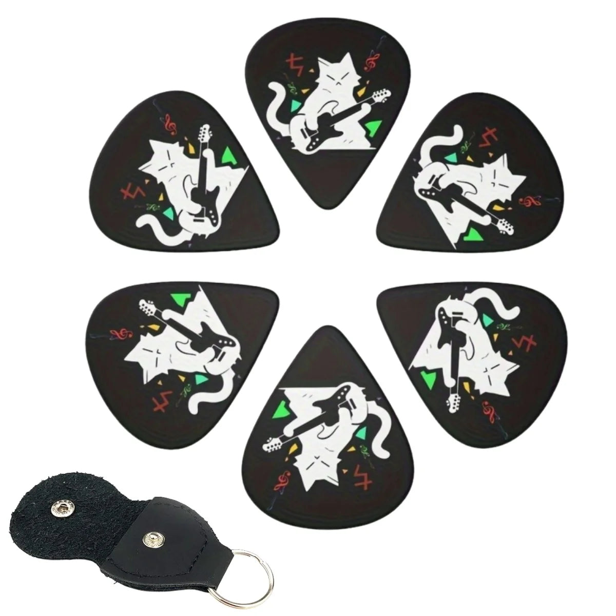 Six decorative guitar picks featuring a white cat design are displayed with a black leather keychain holster.