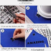 Instructions showing how to cut letters and iron on heat transfer patches onto blue fabric