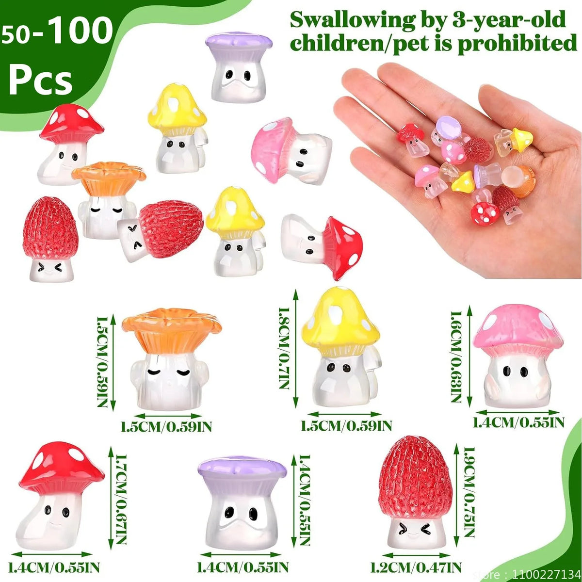 A collection of glow-in-the-dark resin miniature mushrooms in various colors and sizes for fairy garden decor.