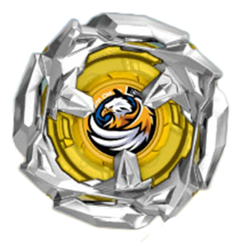 Top tournant avec une coque extérieure argentée facettée et un noyau jaune à motif tigre orange et noir.