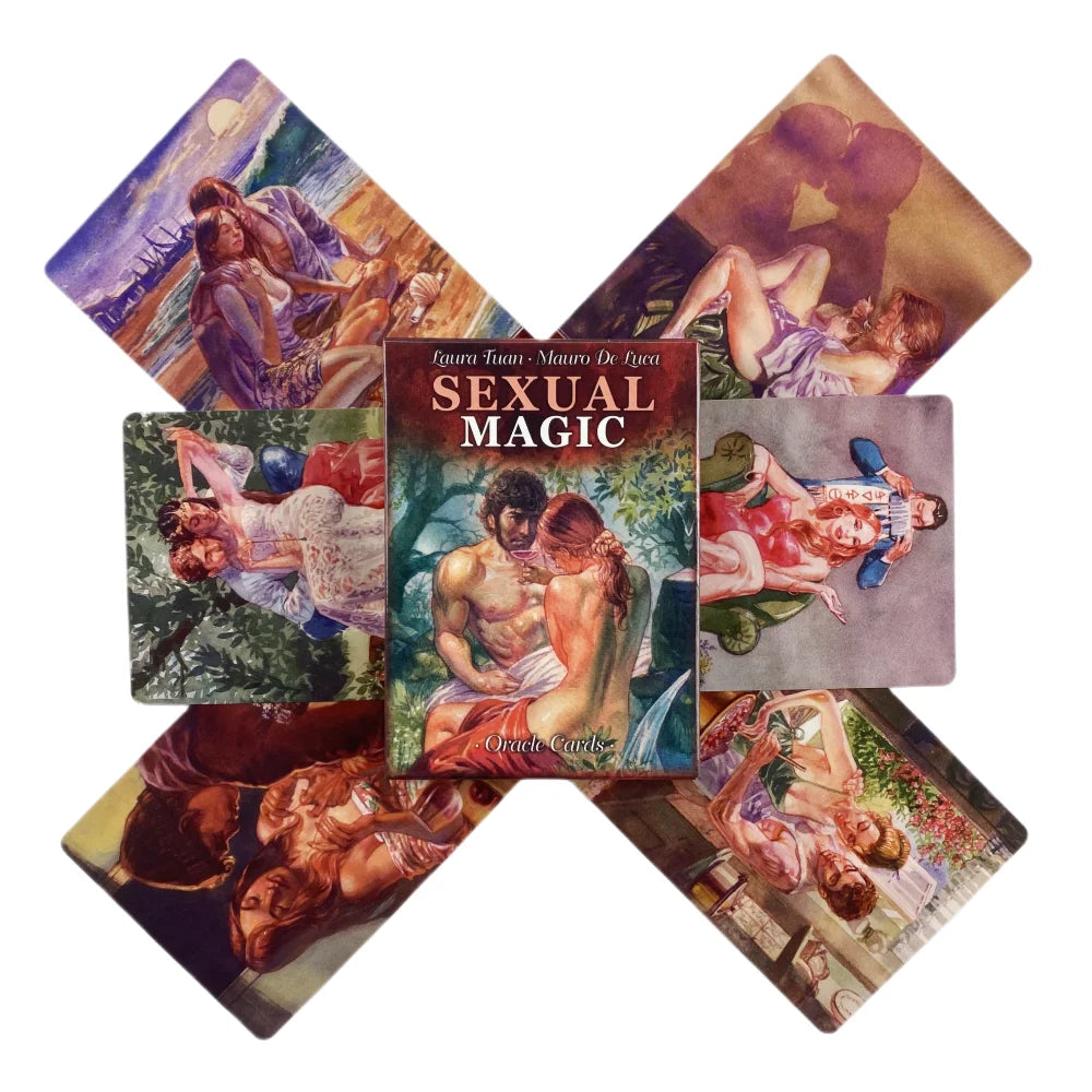 A collection of tarot cards featuring sensual and magical imagery arranged in an X shape.