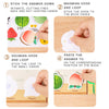 Four steps showing how to use a quiet book with hooks and loops for sticker activities