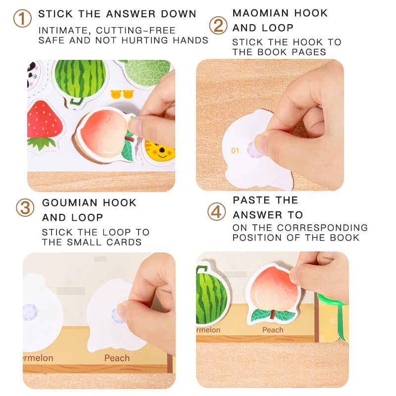 Four steps showing how to use a quiet book with hooks and loops for sticker activities