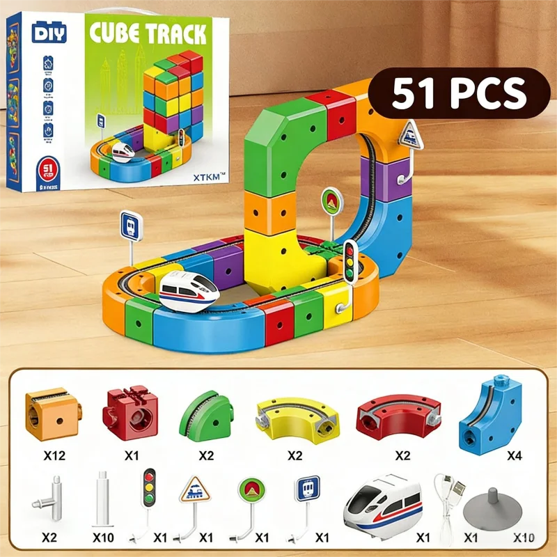 A set of magnetic building blocks train track featuring various colored blocks, vehicles, and track components.