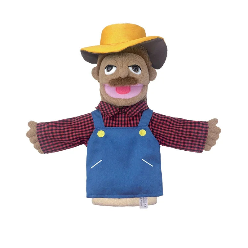 A plush hand puppet of a man wearing an orange hat and a blue apron over a red plaid shirt.