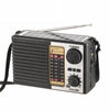 A black solar emergency radio with AM/FM/SW tuning, volume control, and a flashlight feature.