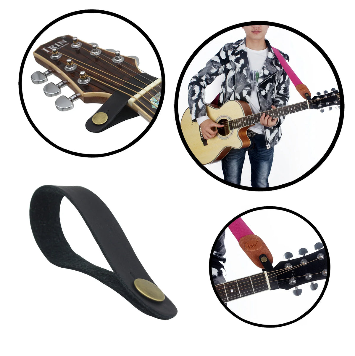 A leather guitar strap button with a metal fastener shown in various contexts, including on a guitar and as a standalone item