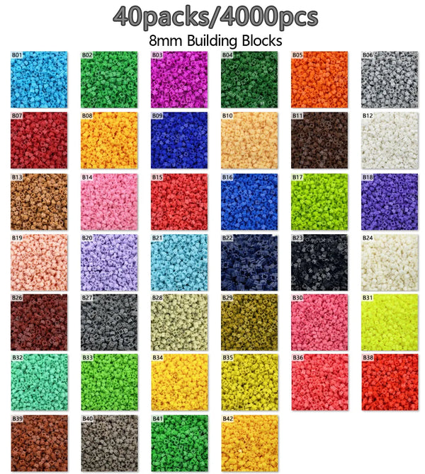 Raster mit 40 Packungen 8 mm Bausteinen in verschiedenen Farben und Texturen für Bauprojekte