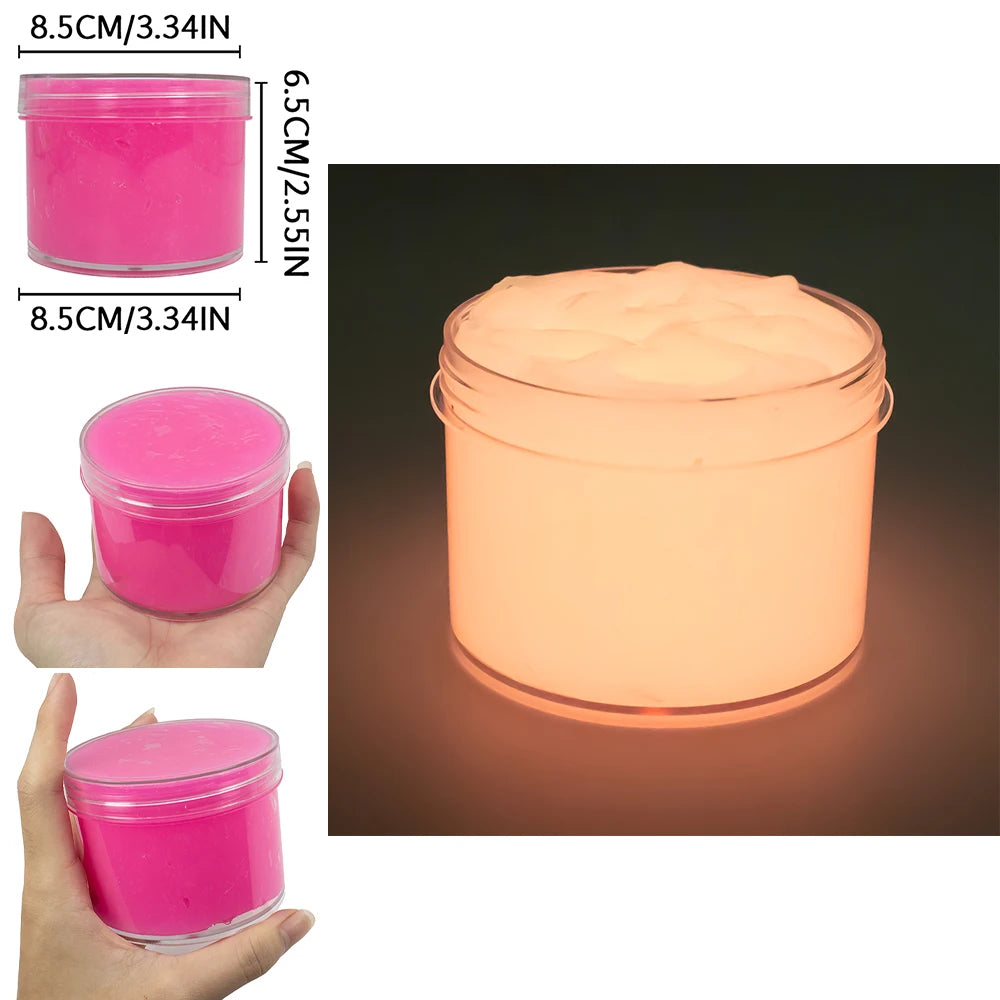 A pink glow-in-the-dark crystal slime in a clear jar, shown next to a hand and a close-up of the product.