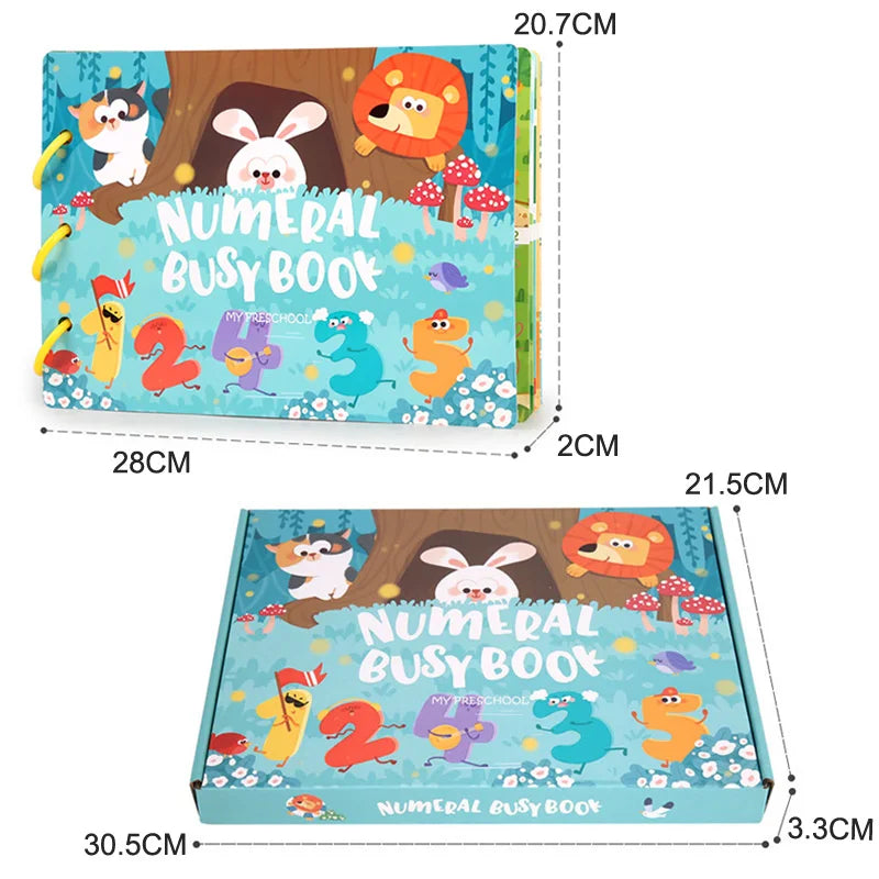 A colorful numerical busy book for toddlers featuring animals and numbers like 2, 4, and 3.