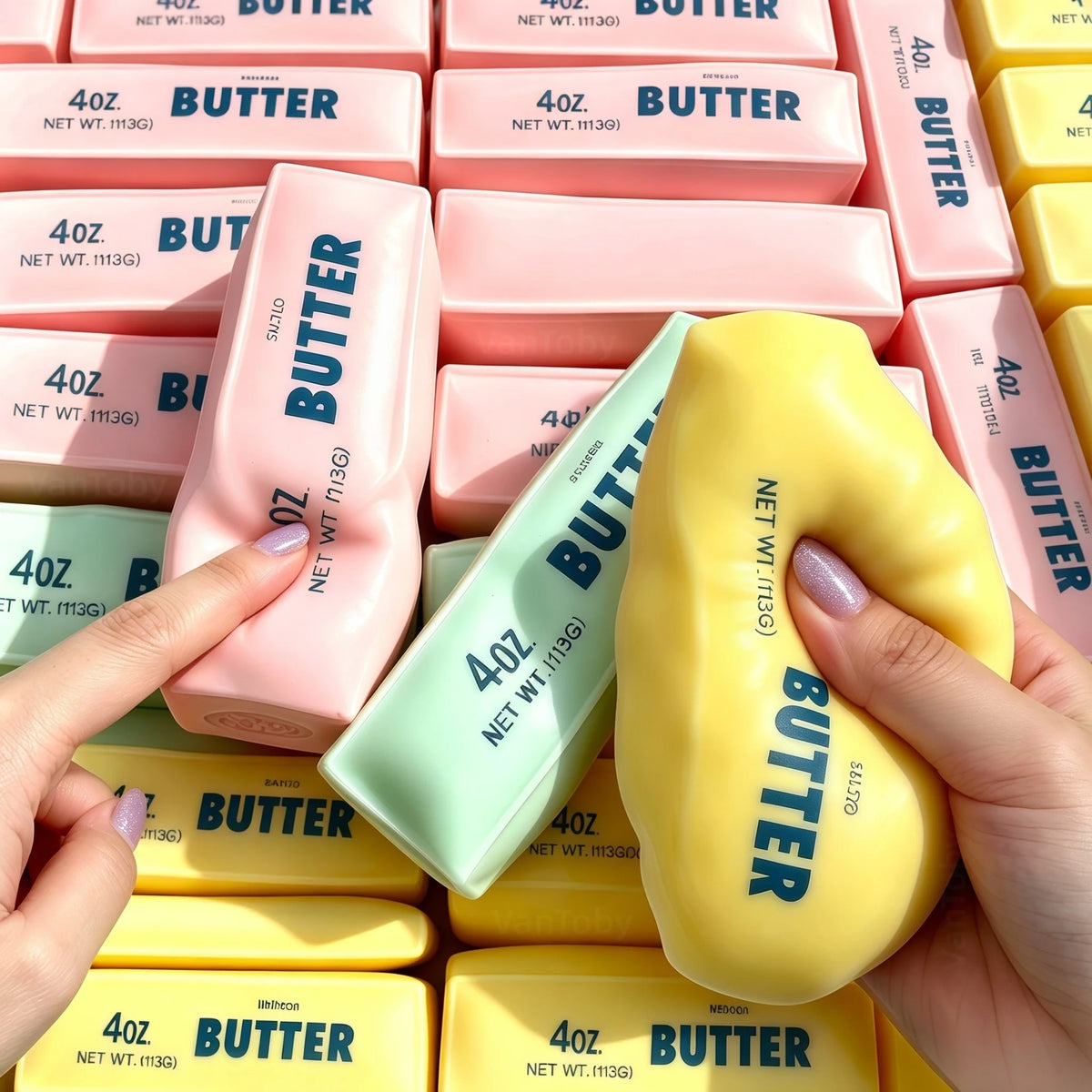 A hand holds a yellow moldable butter stress relief squeeze toy next to various pink and yellow butter blocks.