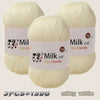 Three balls of milky white cotton yarn are displayed, packaged with labels indicating skin-friendly material.