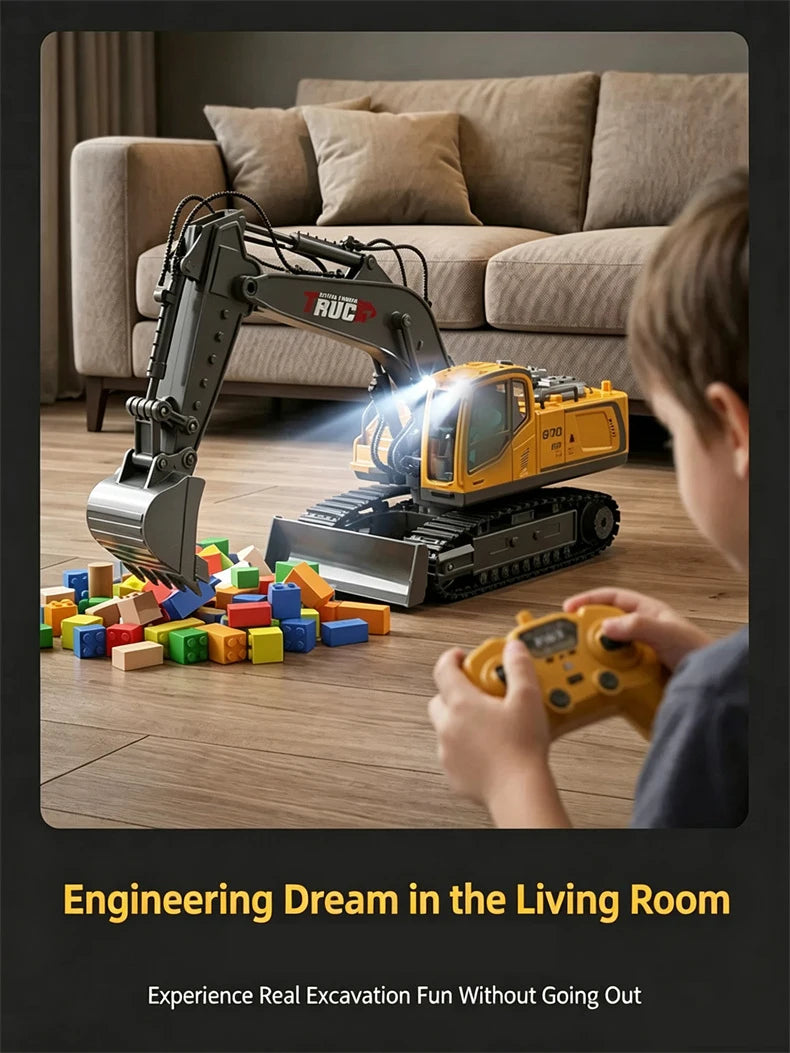 A child operates a yellow RC excavator with an articulated arm, playing with building blocks in a living room.