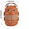 A brown bear-shaped stackable bento lunch box for kids with a handle and paw prints
