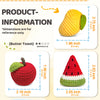 Crocheted butter toast and watermelon fruit items shown with dimensions.