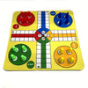 A yellow Ludo board game with colored pieces and marked start areas for play.