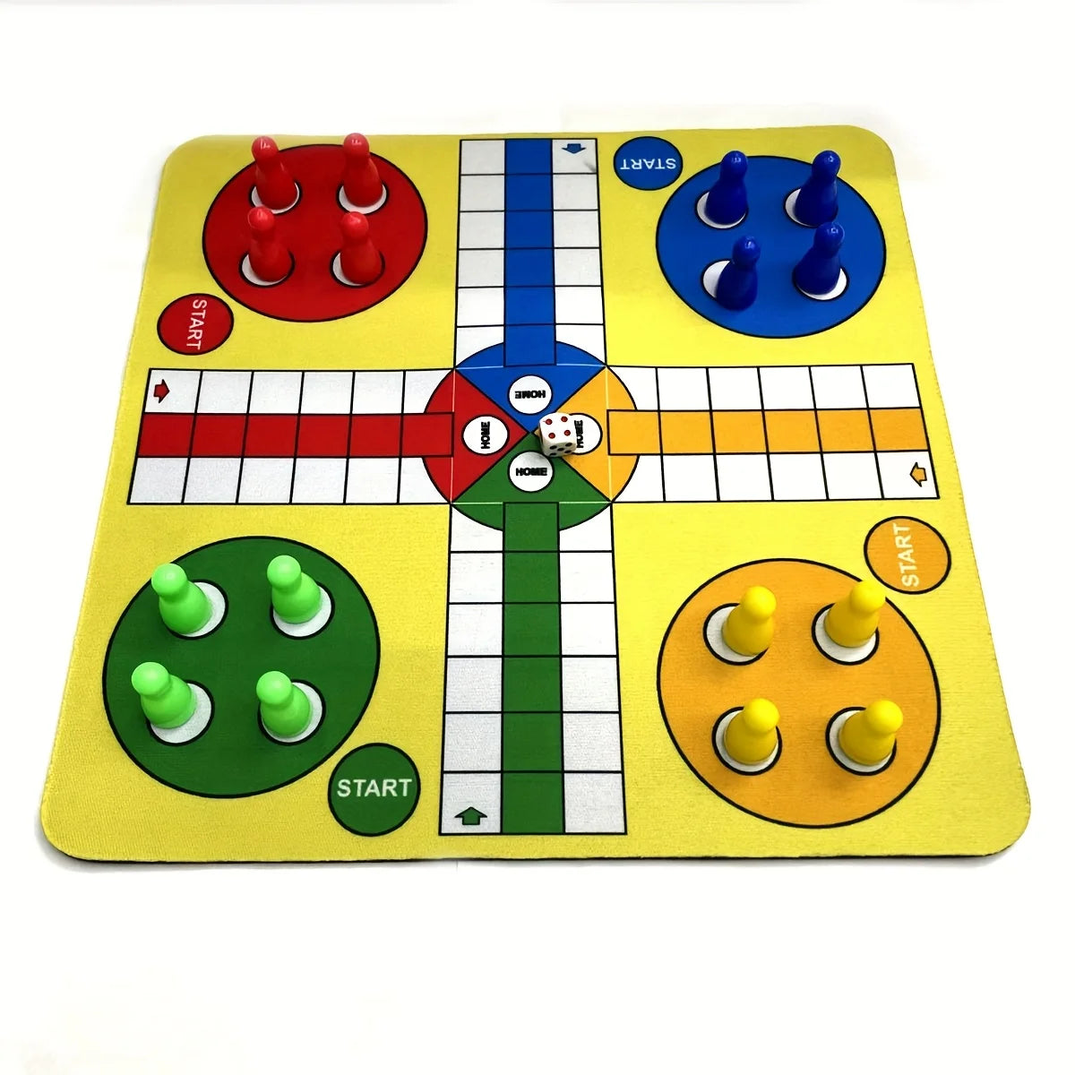 A yellow Ludo board game with colored pieces and marked start areas for play.