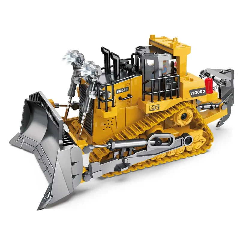 A yellow YIGONG remote control construction excavator truck for kids with detailed features.