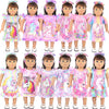 A set of unicorn themed outfits for 18-inch dolls featuring pink and purple skirts and tops.