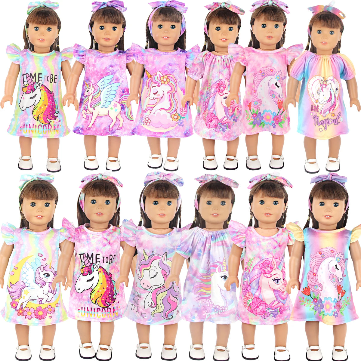 A set of unicorn themed outfits for 18-inch dolls featuring pink and purple skirts and tops.