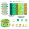 A variety of colorful clay and alphabet beads in various shades of green, yellow, and gold are displayed for DIY jewelry maki