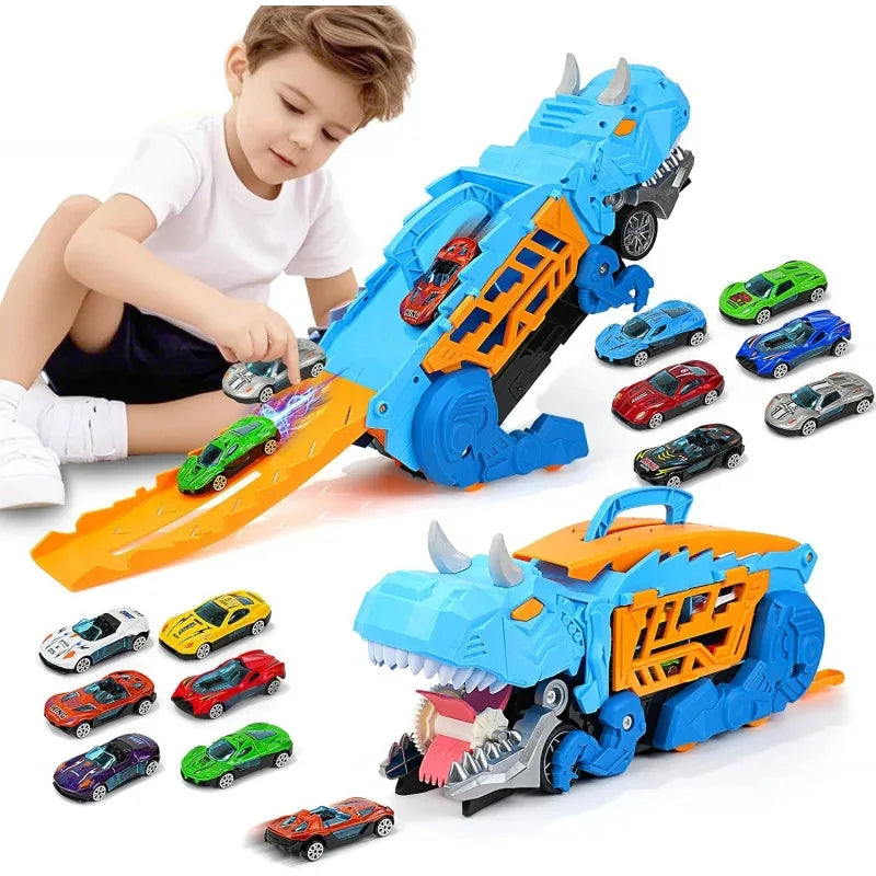 A blue dinosaur transport truck toy set with transforming die-cast cars and a child playing with the vehicle.