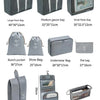 A set of travel packing cubes and storage bags in various sizes and colors including mesh, fabric, and leather-look materials
