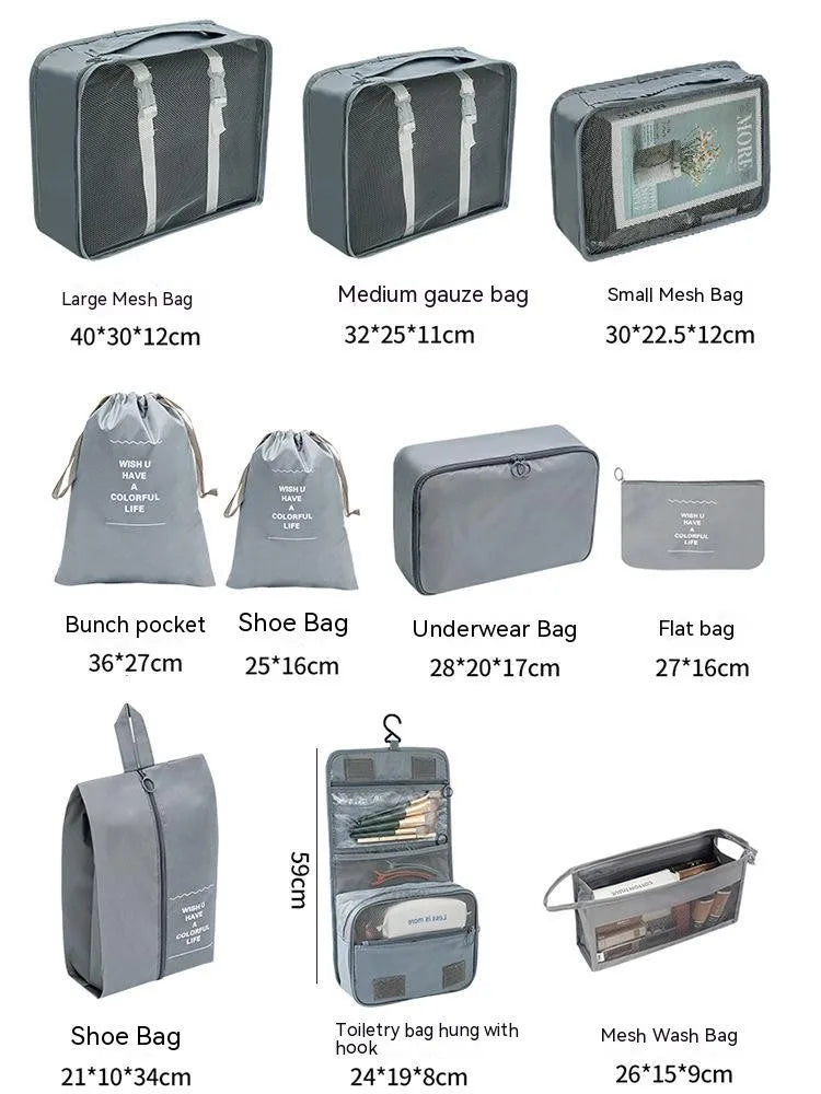 A set of travel packing cubes and storage bags in various sizes and colors including mesh, fabric, and leather-look materials