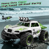 A white and green 1:18 scale RC monster truck is shown driving through water, featuring a high-speed off-road racing setup.