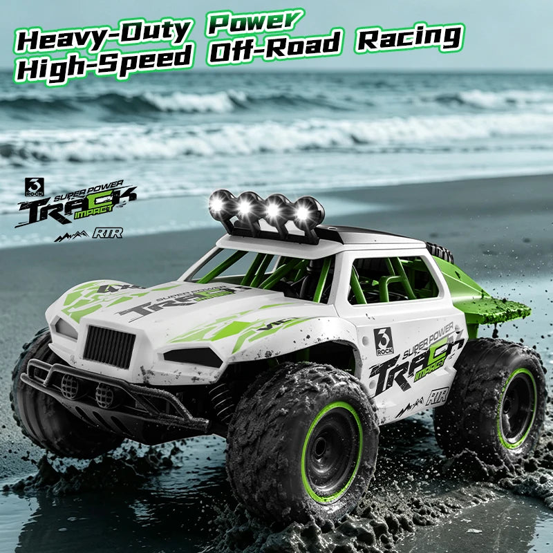 A white and green 1:18 scale RC monster truck is shown driving through water, featuring a high-speed off-road racing setup.