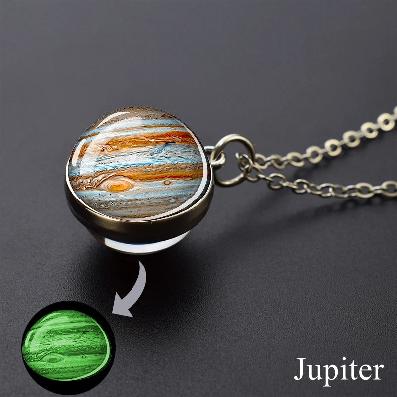A pendant necklace featuring a polished, iridescent stone resembling Jupiter's atmosphere.