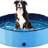 A black and white dog is sitting in a blue foldable pet bath tub with a quick-drain design.