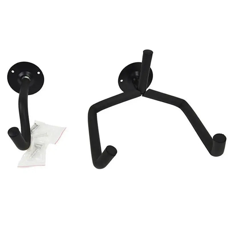 Black metal guitar wall mount hanger with a curved hook and mounting bracket.