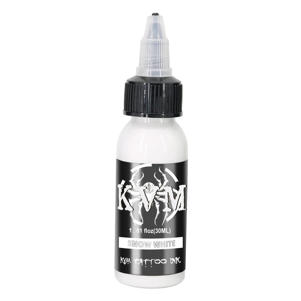 A bottle of KVM Tattoo Ink, a white liquid in a black dropper bottle, is shown against a white background.