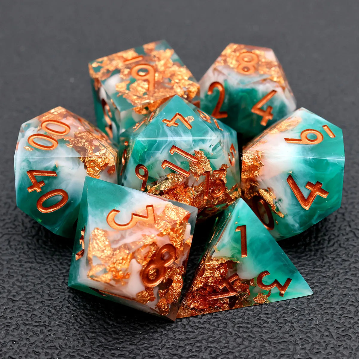 Handmade Resin D&D Dice Set – 7 Polyhedral Dice with Floral Design