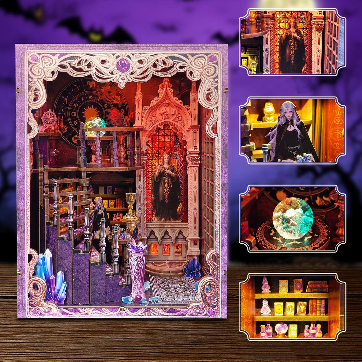 A DIY book nook kit featuring a detailed fantasy scene with LED lighting and decorative elements.