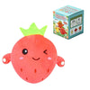 A bright red strawberry shaped plush toy with a green leafy top.